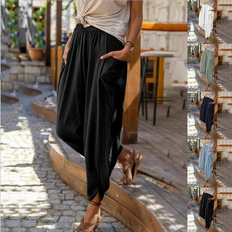 2022 Europe and America summer new wide leg beach pants loose cotton and linen harlan pants casual nine minutes pants women 
2022 Europe and America summer new wide leg beach pants loose cotton and linen harlan pants casual nine minutes pants women