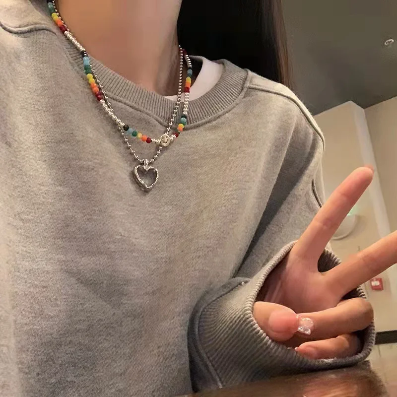 Korean Edition Colorful Beads Smiling Face Love Double Layered Pendant Necklace Collar Hip Hop New Versatile Neckchain For Women 
Korean Edition Colorful Beads Smiling Face Love Double Layered Pendant Necklace Collar Hip Hop New Versatile Neckchain For Women