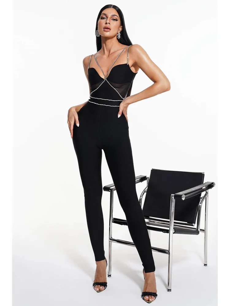 2023 Women Summer Style Sexy V Neck Crystal Diamonds Mesh Black Bandage Jumpsuit Celebrity Designer High Street Rompers
2023 Women Summer Style Sexy V Neck Crystal Diamonds Mesh Black Bandage Jumpsuit Celebrity Designer High Street Rompers