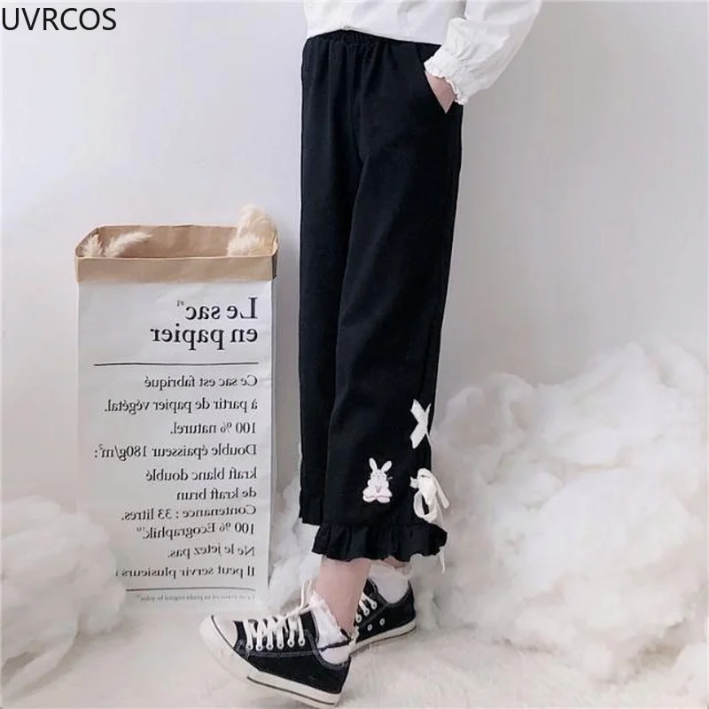 Милые черные широкие брюки в Корейском стиле женские Беговые штаны с уникальным