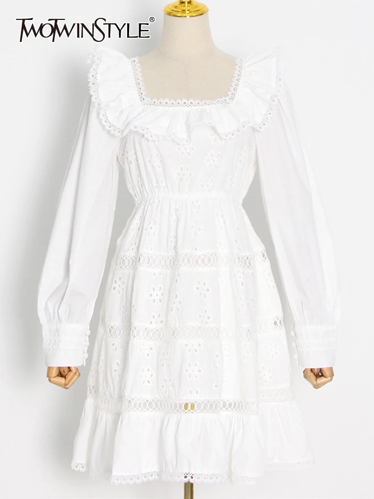 TWOTWINSTYLE Lace Panel Dress For Women Square Collar Long Sleeve High Waist Solid Mini Dresses Female Summer Clothing Fashion
TWOTWINSTYLE Lace Panel Dress For Women Square Collar Long Sleeve High Waist Solid Mini Dresses Female Summer Clothing Fashion