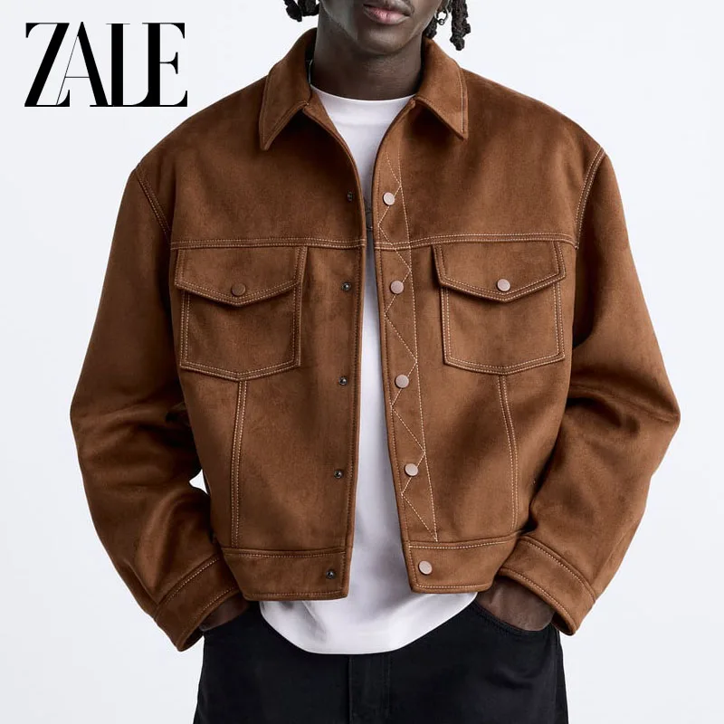 

ZALE New Fall 2023 Suede Jacket Loose Solid Color Jackets Male Turndown Collar Long Sleeves Single-breasted Tops Cropped Jacket