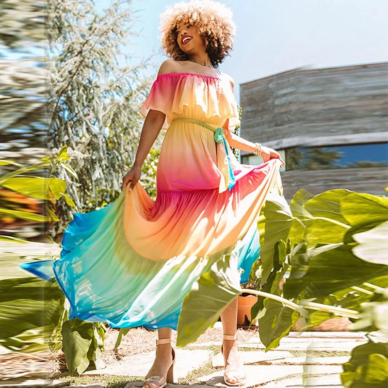 Women Gradient Dress Summer Pleated Loose Lace-up Dress Women Short Ruffle Sleeve Off-Shoulder Backless Slash Neck Chiffon Dress
Women Gradient Dress Summer Pleated Loose Lace-up Dress Women Short Ruffle Sleeve Off-Shoulder Backless Slash Neck Chiffon Dress