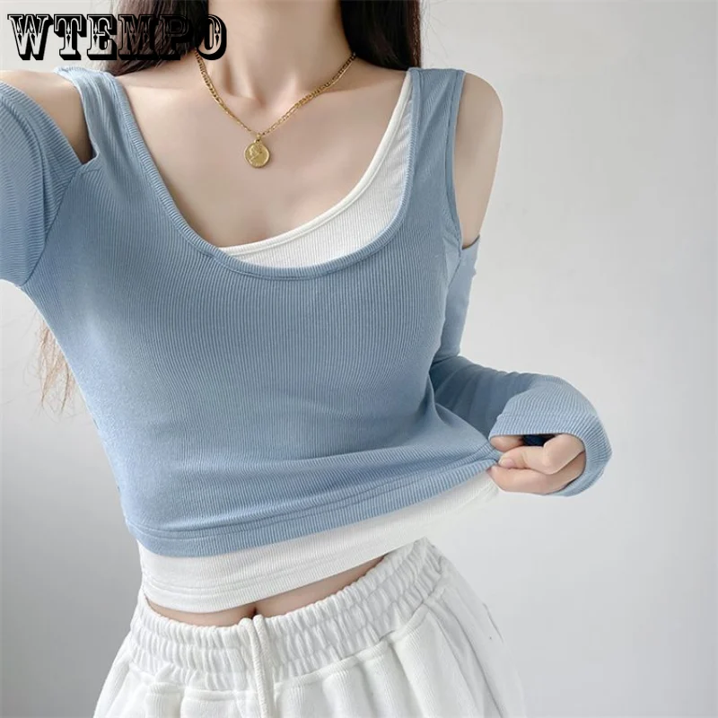 Bare Shoulder Women T-shirt Lap Through Two Fake Pieces Long Sleeve Cropped Top Slim Solid Color Simple Casual Y2KFashion Summe
Bare Shoulder Women T-shirt Lap Through Two Fake Pieces Long Sleeve Cropped Top Slim Solid Color Simple Casual Y2KFashion Summe
