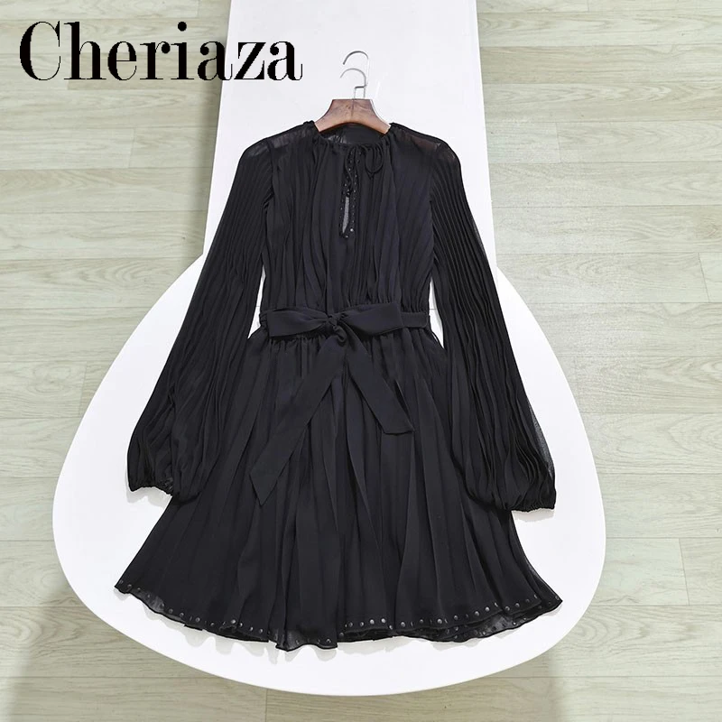 Cheriaza Autumn Women Black Dresses Casual Long Sleeve Elasticated Waist Mini Pleated Skirt Belt Rivet Decoration Dress Lace-up
Cheriaza Autumn Women Black Dresses Casual Long Sleeve Elasticated Waist Mini Pleated Skirt Belt Rivet Decoration Dress Lace-up