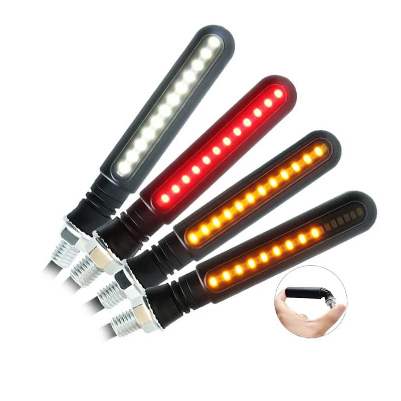 24LED motorcycle stick-shaped two-color running water turn signal with white daytime running light and red brake light.
24LED motorcycle stick-shaped two-color running water turn signal with white daytime running light and red brake light.
