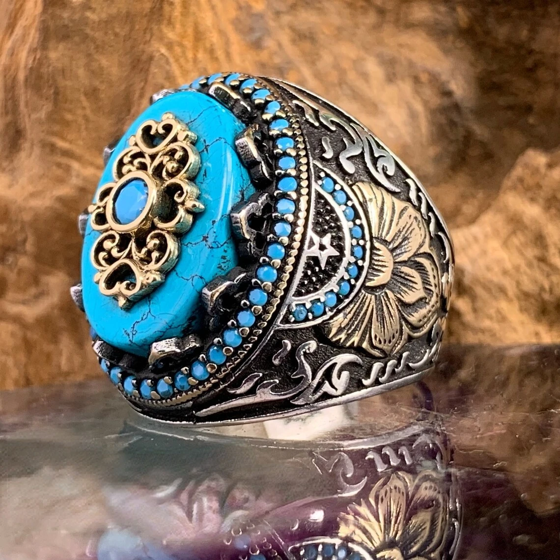 

New Turquoise Gemstone Men's Ring Embossed Pattern Ring New Banquet Jewelry Punk Style Personality Exaggerated Ring