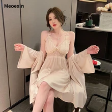 Deep V-neck Bow Sleepwear French Elegant Party Set Womens Sleep Robe Sets Bridesmaid Gift The Waist with Lace Looks Very Sexy