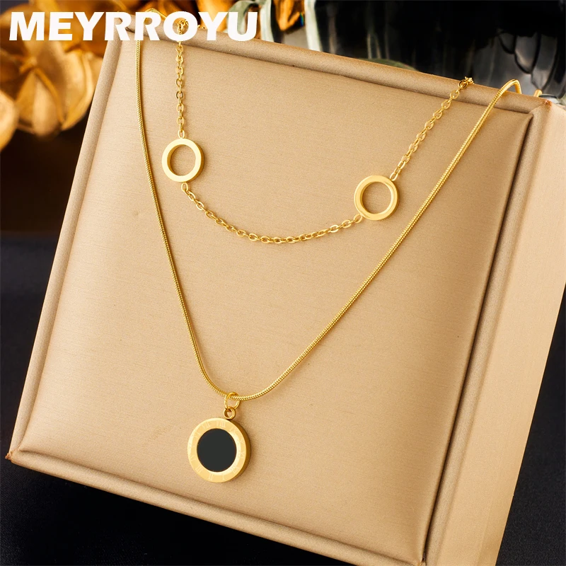 

MEYRROYU 316L Stainless Steel Necklace Golden Round Pendant Double Chain Clavicle For Women New Trend Jewelry Accessories Bijoux