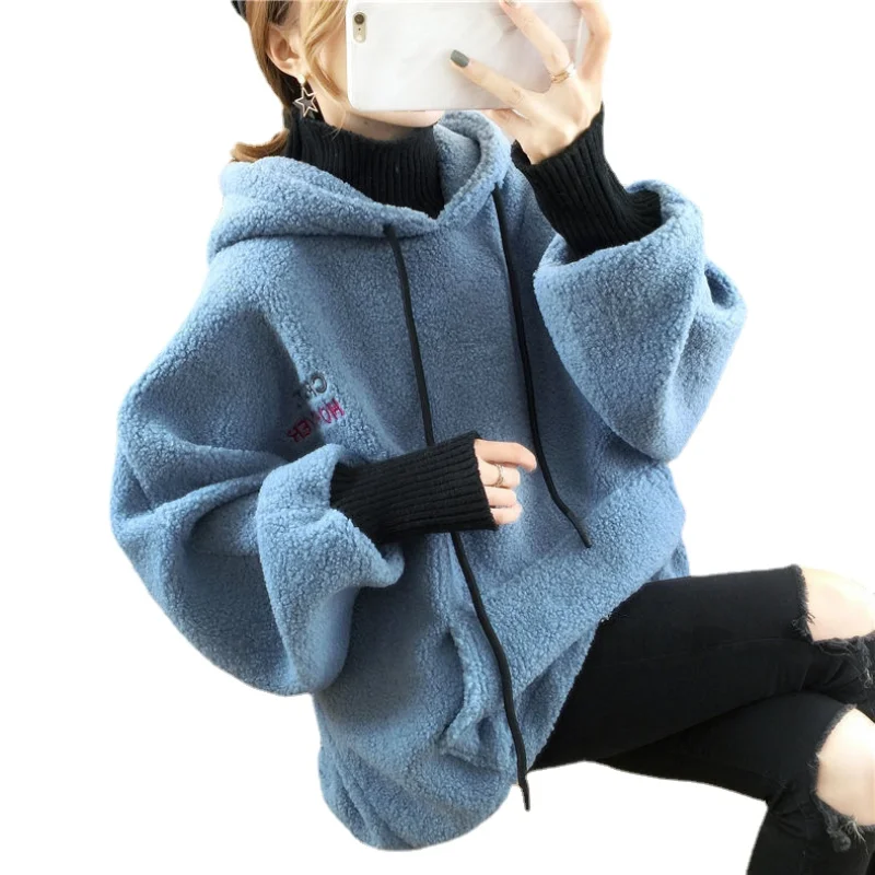 

A Sweatshirts All-matched Winter Women Warmth Thicken Single Breasted Parka Cotton Big Pocket Patchwork Coat Lamb Wool Hoodie