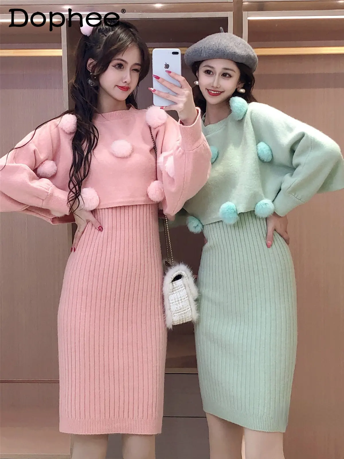 Cute Knit Dress Set for Women Round Neck Fur Ball Short Pull Sweater + Stretch Bodycon Dress Two-Piece Suit Autumn and Winter
Cute Knit Dress Set for Women Round Neck Fur Ball Short Pull Sweater + Stretch Bodycon Dress Two-Piece Suit Autumn and Winter