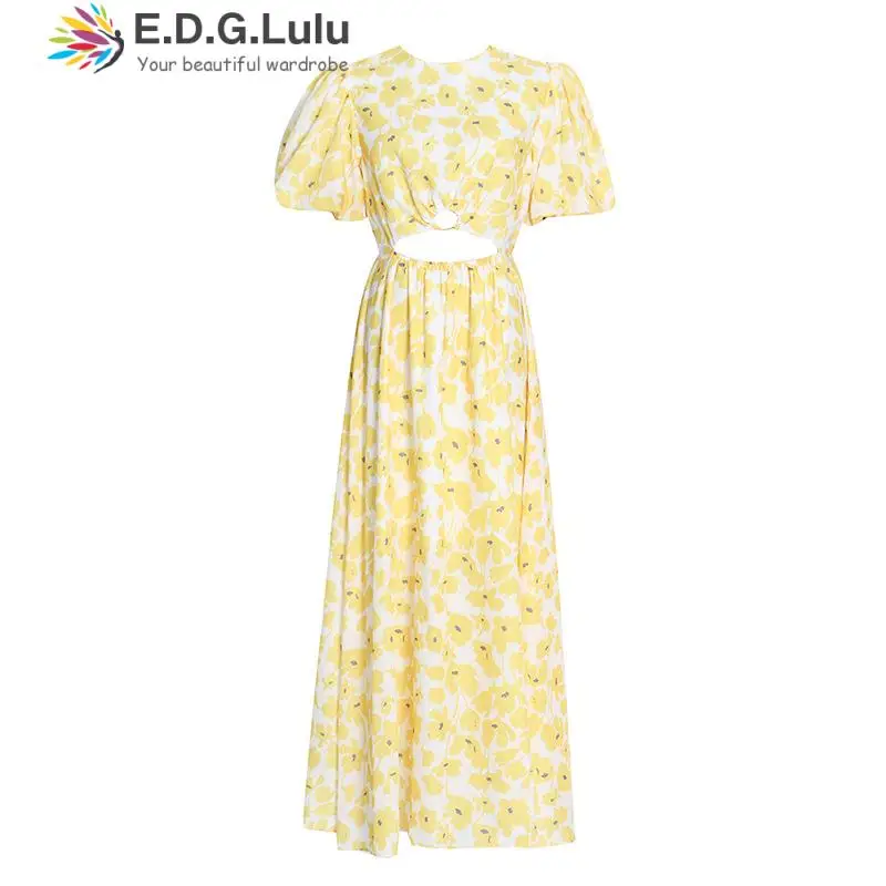 EDGLuLu 2022 Womens Fashion O-neck High Waist Cutout Loose Long Dress Leisure Puff Sleeves Yellow Floral Dress Vestidos 0407
EDGLuLu 2022 Womens Fashion O-neck High Waist Cutout Loose Long Dress Leisure Puff Sleeves Yellow Floral Dress Vestidos 0407