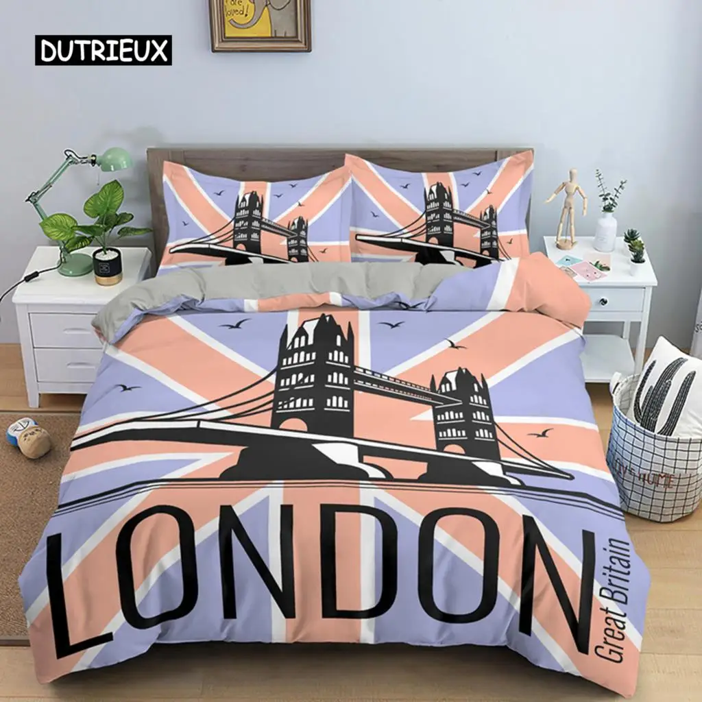 

UK London Style King Queen Duvet Cover British Elements Bedding Set for Teens Adults London Bridge Big Ben Polyester Quilt Cover