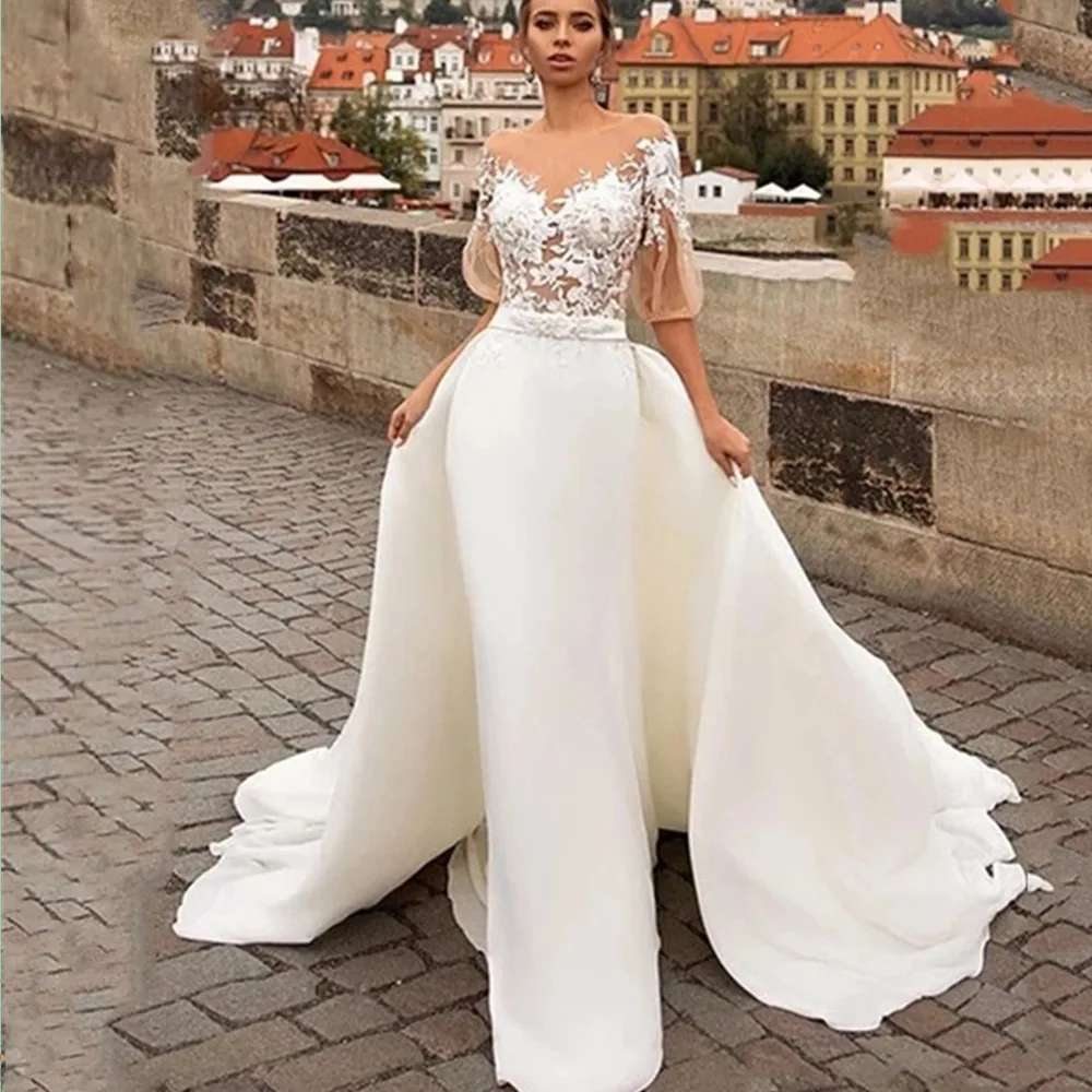 Sexy Mermaid Wedding Dresses Women 2022 Tulle Appliqued Bride Gowns Puff Sleeves Backless Detachable Train Zipper Robe De Mariée
Sexy Mermaid Wedding Dresses Women 2022 Tulle Appliqued Bride Gowns Puff Sleeves Backless Detachable Train Zipper Robe De Mariée