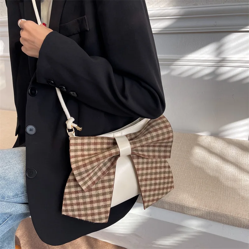Cute Girl Bow One Shoulder Bag Retro Fashion PU Leather Lady Bag Plaid Pattern Lady Diagonal Cross Retro Casual Elegant French 
Cute Girl Bow One Shoulder Bag Retro Fashion PU Leather Lady Bag Plaid Pattern Lady Diagonal Cross Retro Casual Elegant French
