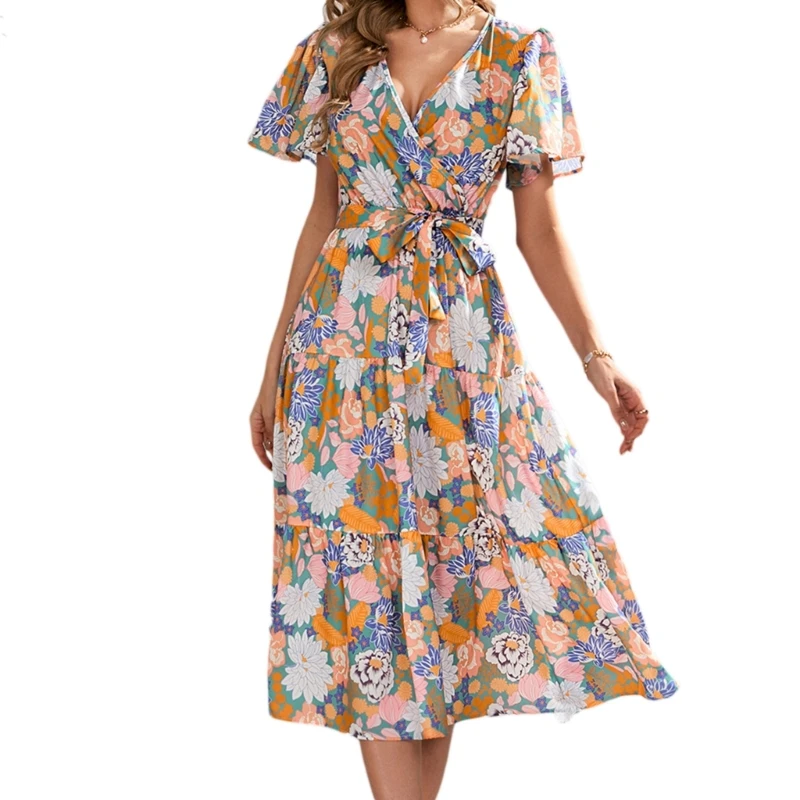 Womens V-Neck Dress Short Sleeves Dress Ladies Floral Printed Dress for Summer 57BD
Womens V-Neck Dress Short Sleeves Dress Ladies Floral Printed Dress for Summer 57BD