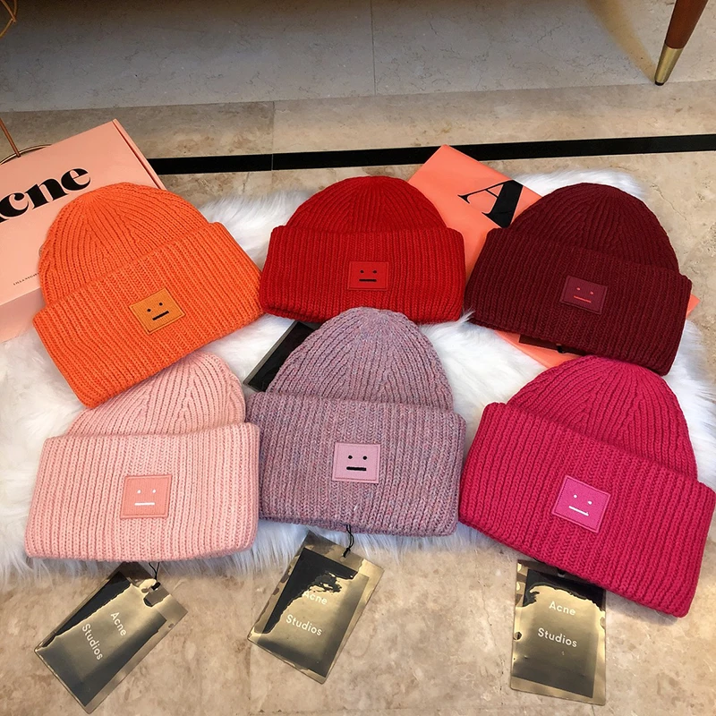 

New Acne Studios Men's & Women's Winter Hats Face Patch Knit Beanie Smile Matching Pink Hat Streetwear Solid Color Warm Beanies