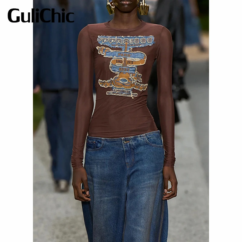 4.11 GuliChic Sexy See-Through Mesh Tee Women Stretch Slim Patch Embroidery Letter Frayed Long Sleeve Chic T-Shirt
4.11 GuliChic Sexy See-Through Mesh Tee Women Stretch Slim Patch Embroidery Letter Frayed Long Sleeve Chic T-Shirt