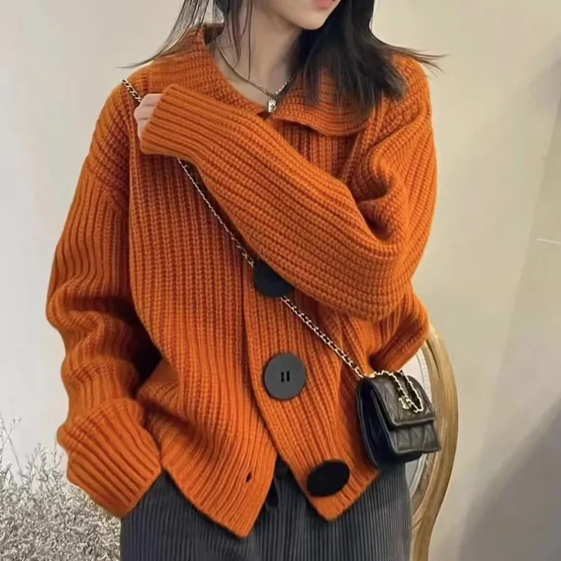 Women Turn-down Collar Long Sleeve Cardigan Chic Big Buttons Loose Korean Sweater Knitted Warm Coat 2023 New Autumn Winter P977 
Women Turn-down Collar Long Sleeve Cardigan Chic Big Buttons Loose Korean Sweater Knitted Warm Coat 2023 New Autumn Winter P977