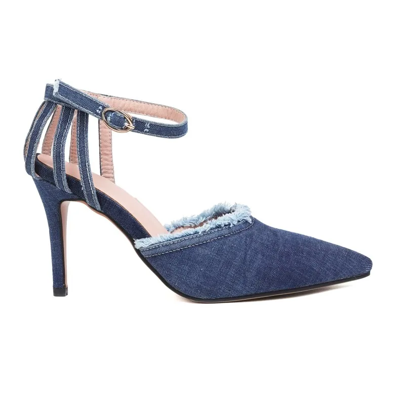 Brushed Washed Denim Jeans Shoes Women Sexy Pointed Toe Ankle Warp Buckle Hollow Tassel Sandals High Heels Blue Stilettos 33-43
Brushed Washed Denim Jeans Shoes Women Sexy Pointed Toe Ankle Warp Buckle Hollow Tassel Sandals High Heels Blue Stilettos 33-43