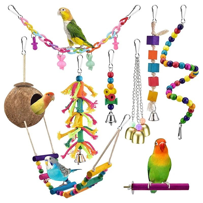 8 Pcs Bird Parrot Toys,Hanging Wooden Coconut Birds House With Ladder,Stand Chewing Bell Pet Birds Cage Toy Accessories 
8 Pcs Bird Parrot Toys,Hanging Wooden Coconut Birds House With Ladder,Stand Chewing Bell Pet Birds Cage Toy Accessories