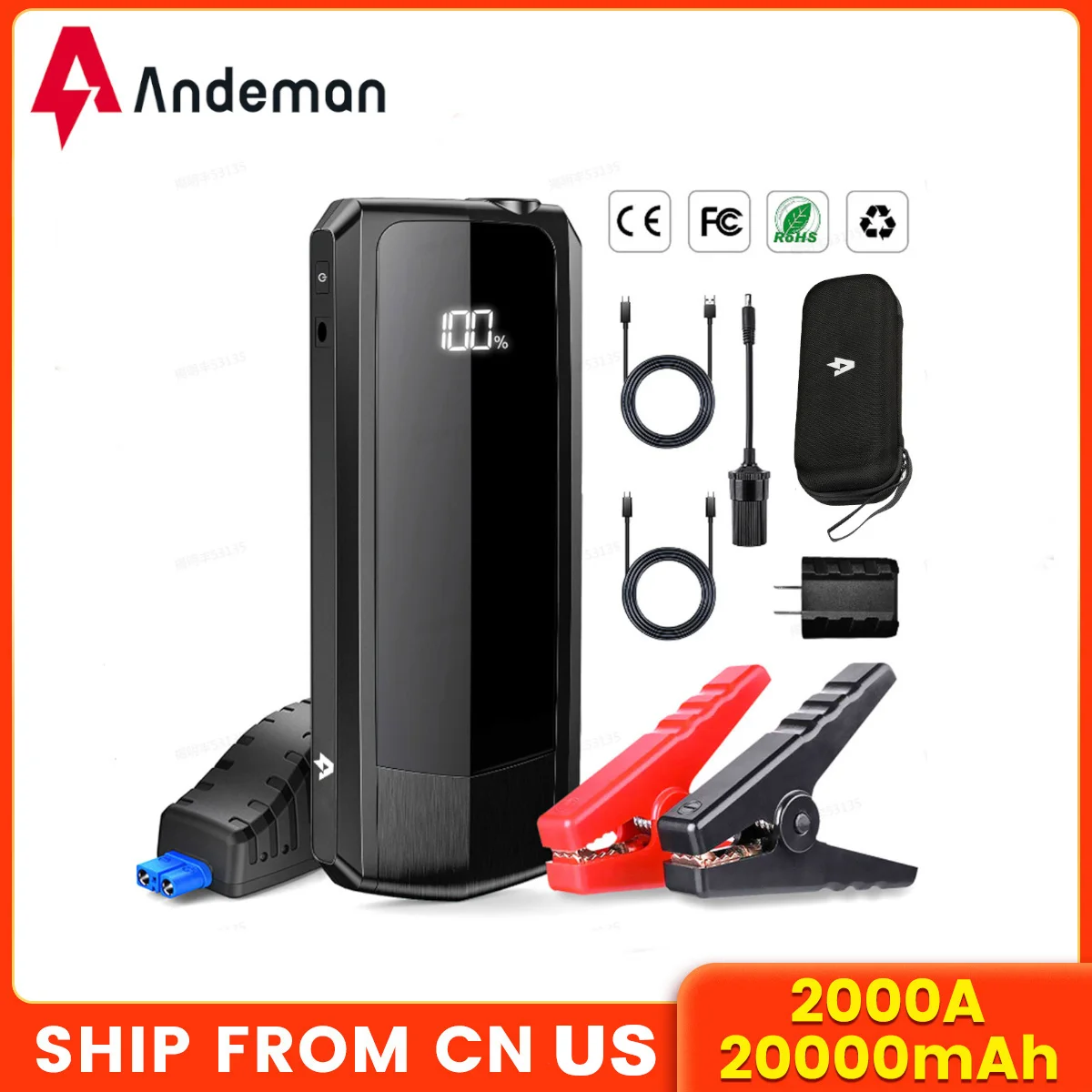 Andeman 20000mAh 2000A LCD Car Jump Starter 18W Fast Emergency Battery Power Bank Charger for Car Starting Device with Compass
Andeman 20000mAh 2000A LCD Car Jump Starter 18W Fast Emergency Battery Power Bank Charger for Car Starting Device with Compass