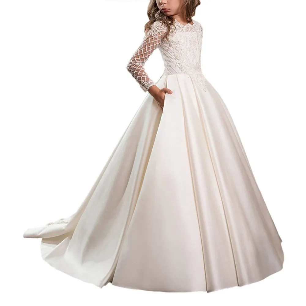 White Lace Applique Long Sleeve Satin Flower Girl Dresses For Wedding Special Occasion Dress Girls First Communion Dresses
White Lace Applique Long Sleeve Satin Flower Girl Dresses For Wedding Special Occasion Dress Girls First Communion Dresses