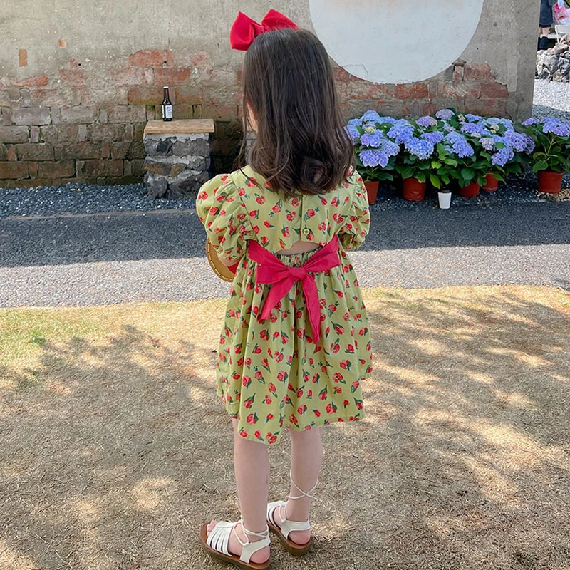 Girls Red Bow Princess Dress Summer French Puff Sleeves Backless Rose Print Party Dresses 3-7Y Vestidos Children Green Clothes
Girls Red Bow Princess Dress Summer French Puff Sleeves Backless Rose Print Party Dresses 3-7Y Vestidos Children Green Clothes
