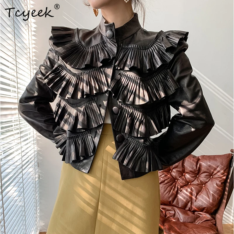 

Ruffles Genuine Leather Jacket Women's Spring New Fashion Short Vertical Collar Outerwear Casual Pleated Slim fit Sheepskin Coat