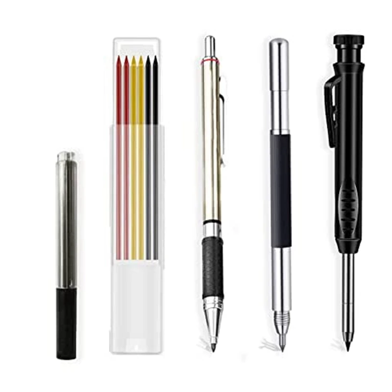 

NEW-Solid Carpenter Pencil Kit With 15 Refills,Mechanical Carpenter Pencil With Double Head Engraving Mark Pen