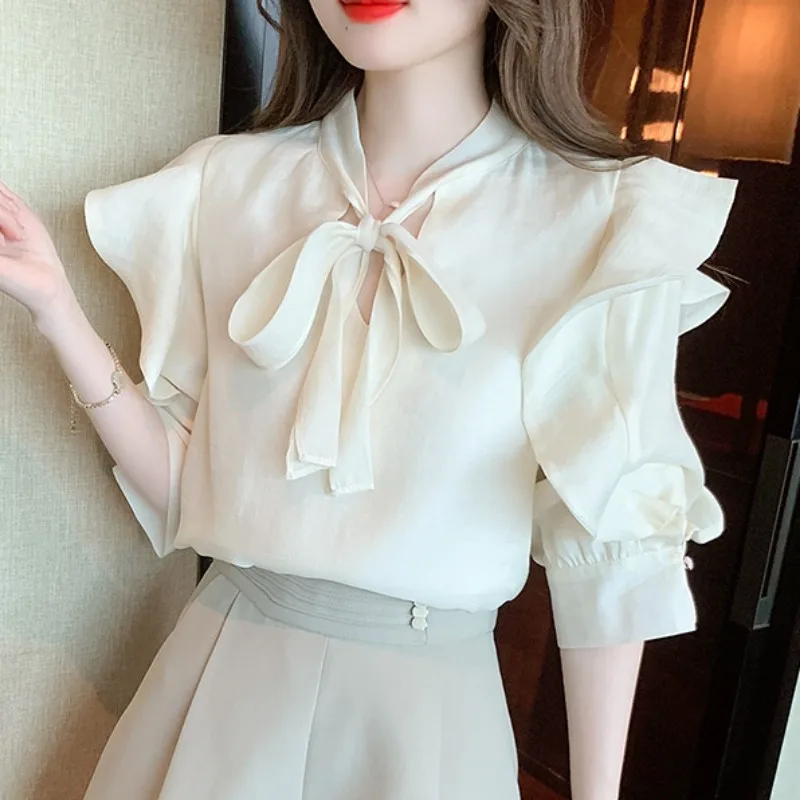 Summer Lace-up Ruffle Chiffon Blouse Sweet Fashion Woman Casual V-neck Bow Tops Women Half Sleeve Shirt Elegant Clothes
Summer Lace-up Ruffle Chiffon Blouse Sweet Fashion Woman Casual V-neck Bow Tops Women Half Sleeve Shirt Elegant Clothes