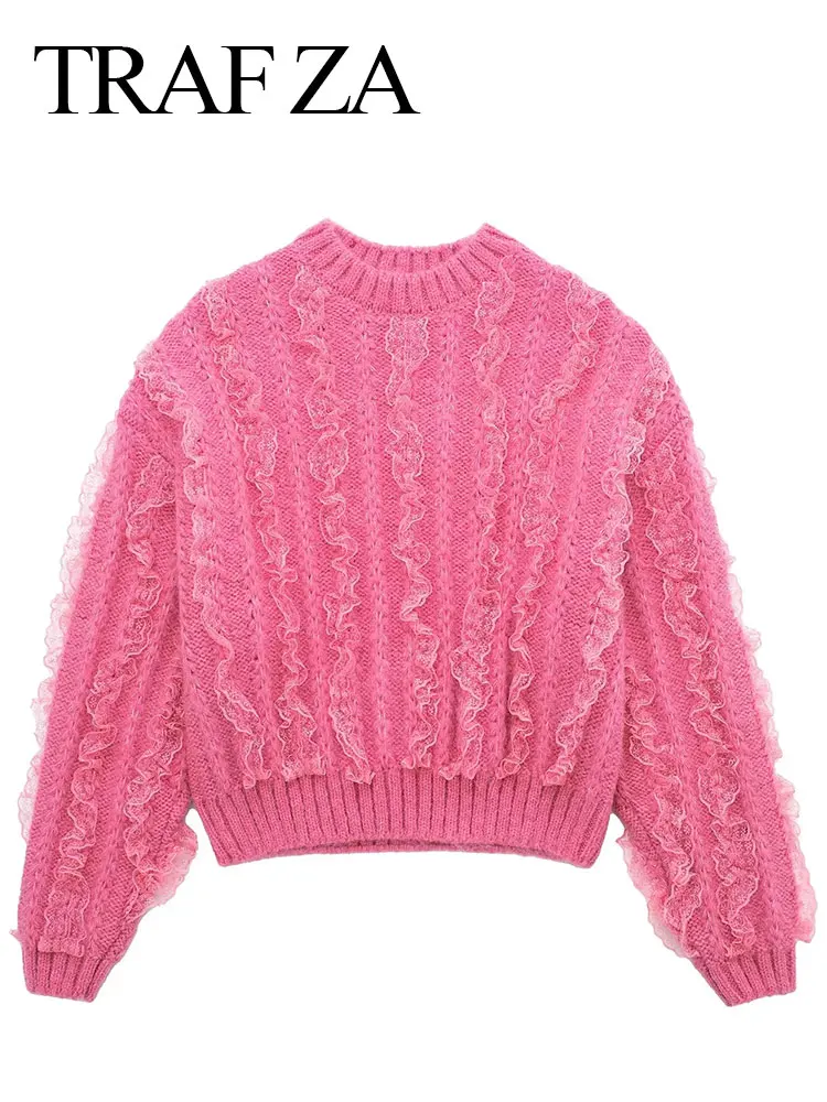 

TRAFZA Women's Fashion Tiered Embellished Sweater Elegant Pink O-Neck Long Sleeve Loose Knitwear Pullover Female Chic Tops