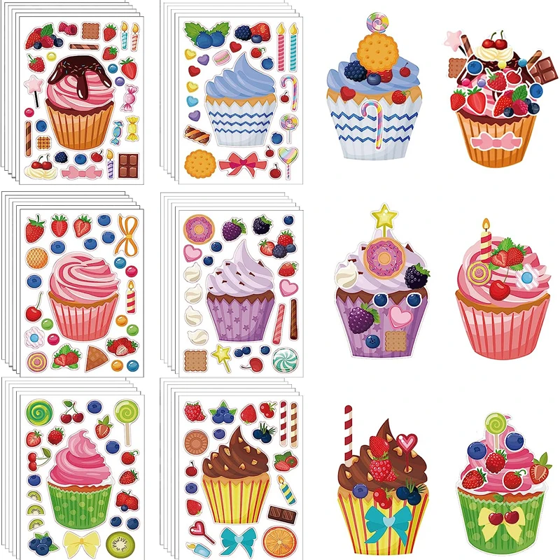 

12/24 Sheets Make Your Own Ice Cream Stickers Mix and Match Cupcake Sticker Creative DIY Puzzle Decal for Kids Gift Party Favors
