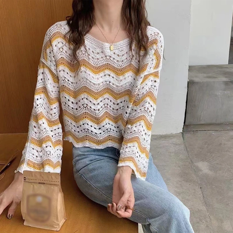 Women Vintage Crochet Shirts Contrast Color Striped Flare Sleeve Knitwear Blouse
Women Vintage Crochet Shirts Contrast Color Striped Flare Sleeve Knitwear Blouse
