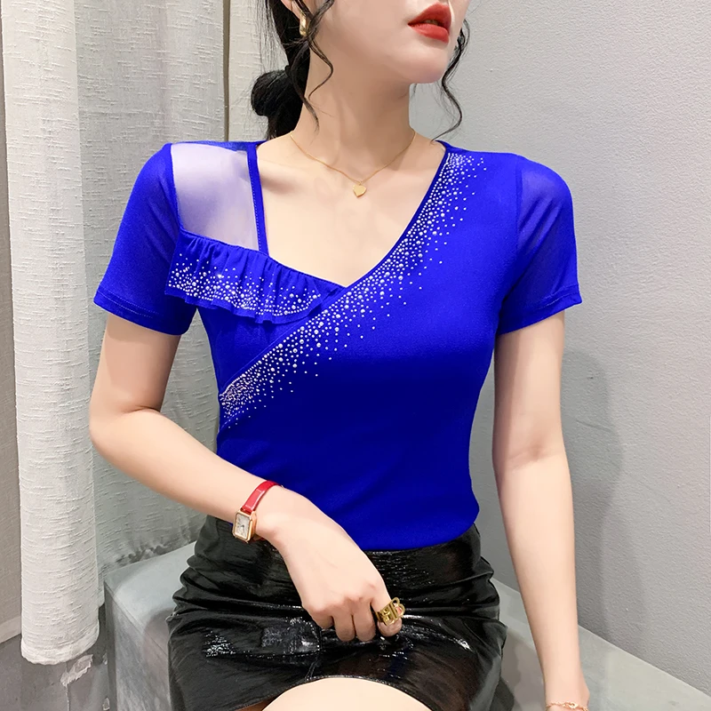 

2023 Summer Mesh Tops Korean Fashion Skew Collar Ruffle Shirt Diamond Long Sleeve Women's T shirt