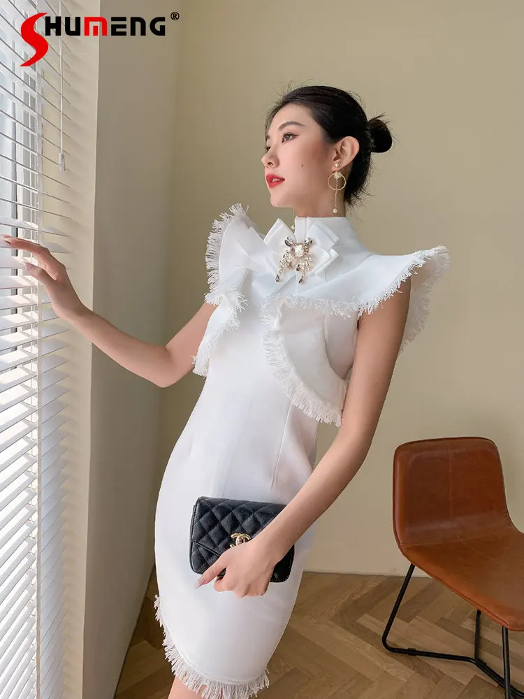 High-Grade Elegant Ruffle Fringed Bodycon Dress Women Heavy Industry Rhinestone Stand Collar Flying Sleeves Banquet Party Dress
High-Grade Elegant Ruffle Fringed Bodycon Dress Women Heavy Industry Rhinestone Stand Collar Flying Sleeves Banquet Party Dress