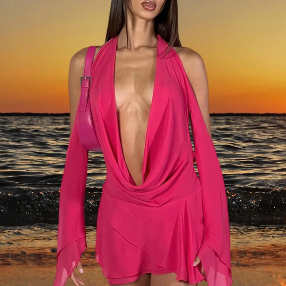 Backless Deep V-neck Backless Layer Hem Perspective Sexy Dress Halter Neck Off Shoulder Long Sleeve Mini Dress Club Wear Vestido 
Backless Deep V-neck Backless Layer Hem Perspective Sexy Dress Halter Neck Off Shoulder Long Sleeve Mini Dress Club Wear Vestido