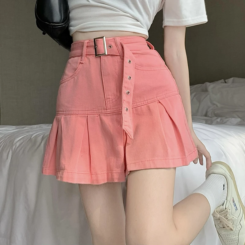 New Summer Denim Skirt Women High Street Sweet Girl Belt Pleated Pink Skirt Lined Cotton Loose High Waist Mini Skirt Female
New Summer Denim Skirt Women High Street Sweet Girl Belt Pleated Pink Skirt Lined Cotton Loose High Waist Mini Skirt Female