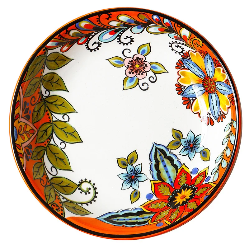 

European Creative Salad Dish Soup Plate Hand Painted Ceramic Tableware Pastoral Style Household Plate Plate