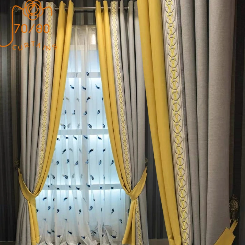 

Yellow Gray Embroidery Lace Splicing Cotton and Linen Curtains for Living Room Bedroom Balcony Home Decoration Customization