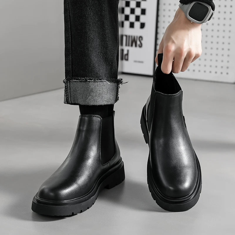 

Fashion Trends Autumn Winter Chelsea Boots Soft Leather Boots Men Plush Boots New Thick Soled Comfort Casual Outdoor Mens Shoe