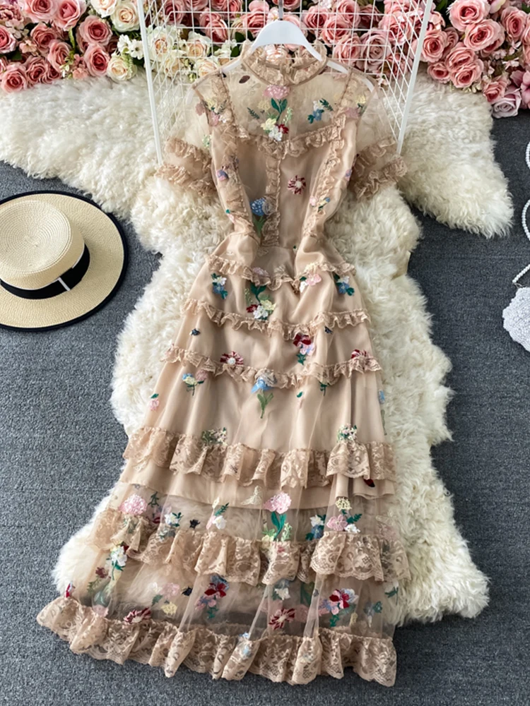 FTLZZ Summer Elegant Women Stand Collar Ruffled Midi Dress Vintage Lace Mesh Embroidery Floral Print Dress Cake Dress
FTLZZ Summer Elegant Women Stand Collar Ruffled Midi Dress Vintage Lace Mesh Embroidery Floral Print Dress Cake Dress