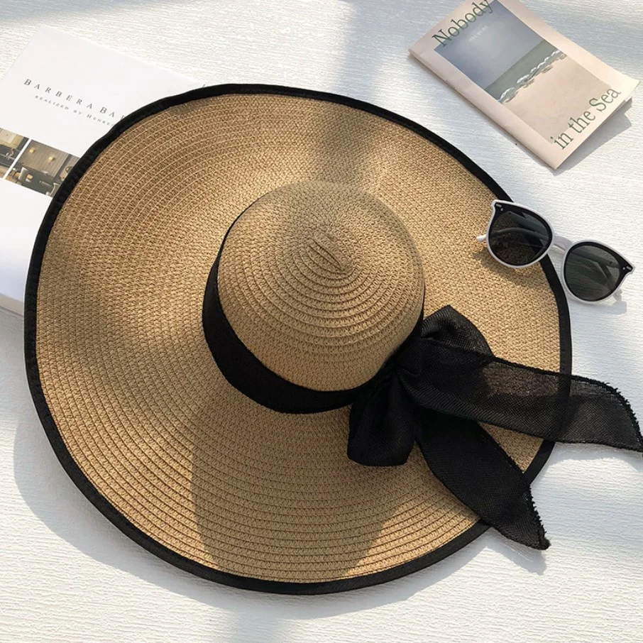 

Women's Summer Fashion Big Cool Hat Beach Straw Hat Korean Version of The Seaside Big Brim Sunscreen Sunshade Vacation with Bow