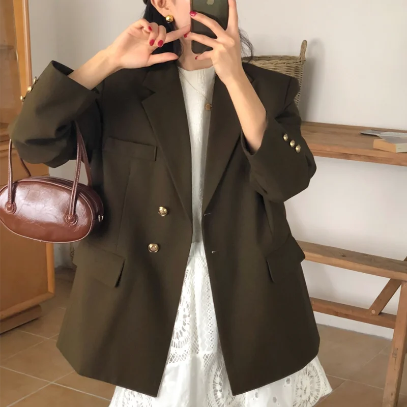 

Clothland Women Stylish Army Green Blazer Long Sleeve Notched Collar Single Breasted Jacket Office Wear Coat Mujer CA849