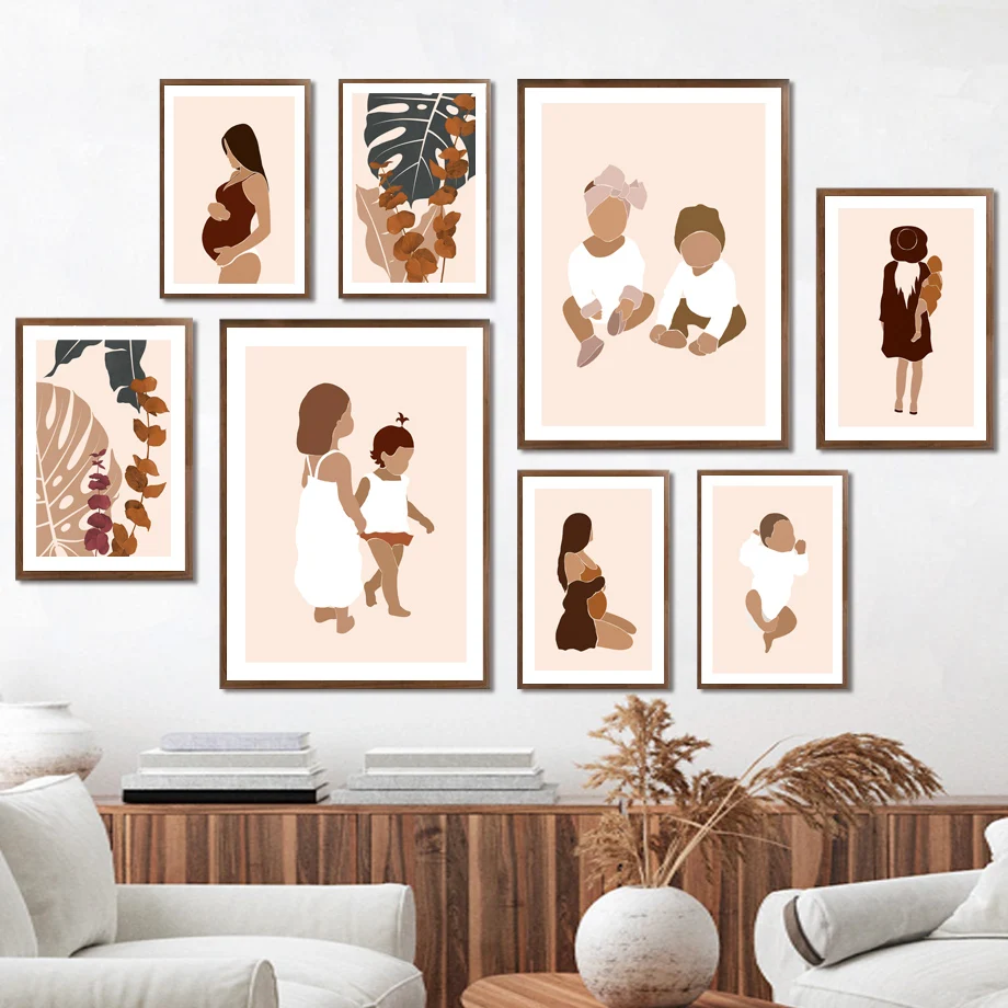 

Настенная картина мама, ребенок, монстера, семья, бохо, холст, живопись, скандинавские постеры и принты, настенные картины для декора гостиной