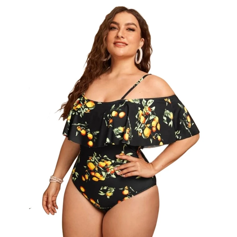 

Womens Off Shoulder Ruffled One-Piece Swimsuits Lemon Printed Push Up Padded Monokini Big Size Bathing Suit