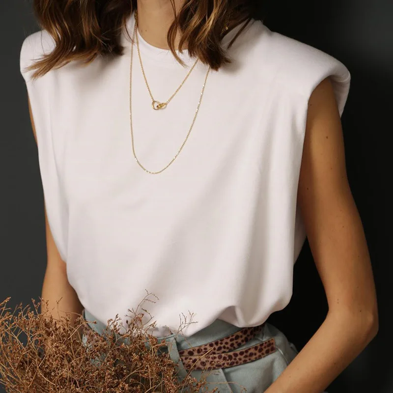 Women Padded Shoulder T-shirts Sleeveless Solid Color Round Neck Top Office Lady Pullover 2021 New Fashion Women Elegant Clothes
Women Padded Shoulder T-shirts Sleeveless Solid Color Round Neck Top Office Lady Pullover 2021 New Fashion Women Elegant Clothes