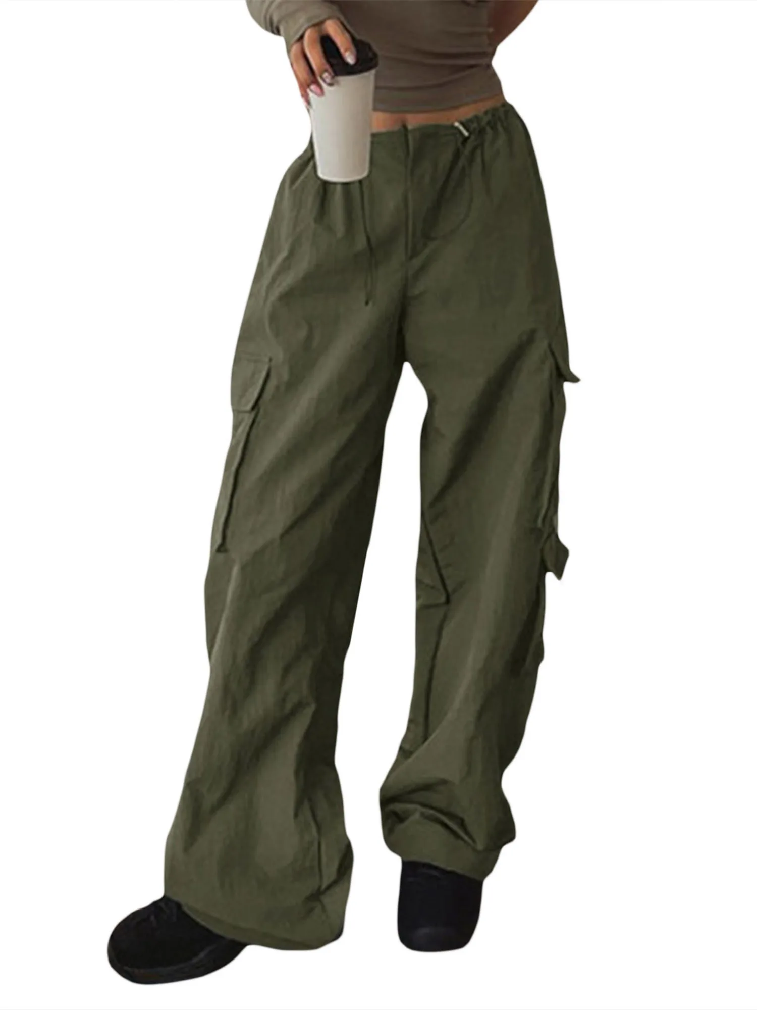 

Брюки-карго женские свободного кроя, повседневные эластичные штаны с поясом на кулиске и прямыми штанинами, уличная одежда, однотонные
