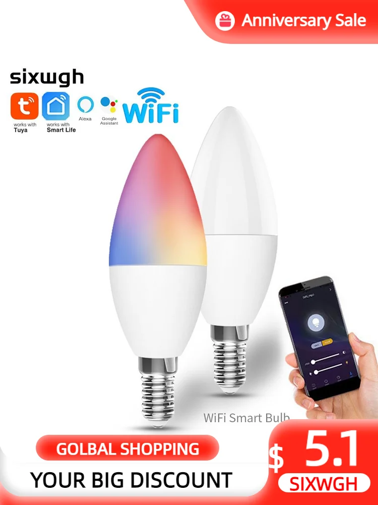 SIXWGH 3.5W Smart Light Lamp Wifi Color Bulb E14 LED RGB+White Light Dimmable Timer Function Tuay Smart life App Support Aleax
SIXWGH 3.5W Smart Light Lamp Wifi Color Bulb E14 LED RGB+White Light Dimmable Timer Function Tuay Smart life App Support Aleax