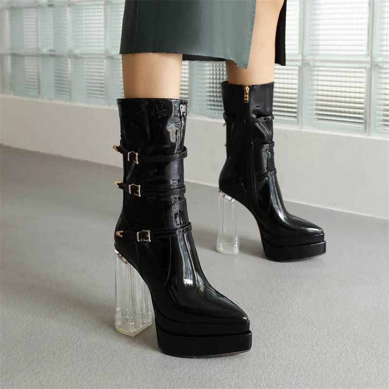 Women Boots Luxury Platform High Heel Bright Paint Finish Women Shoes 40-43 Winter Elegant Transparent Heel Lady Mid Calf Boots
Women Boots Luxury Platform High Heel Bright Paint Finish Women Shoes 40-43 Winter Elegant Transparent Heel Lady Mid Calf Boots